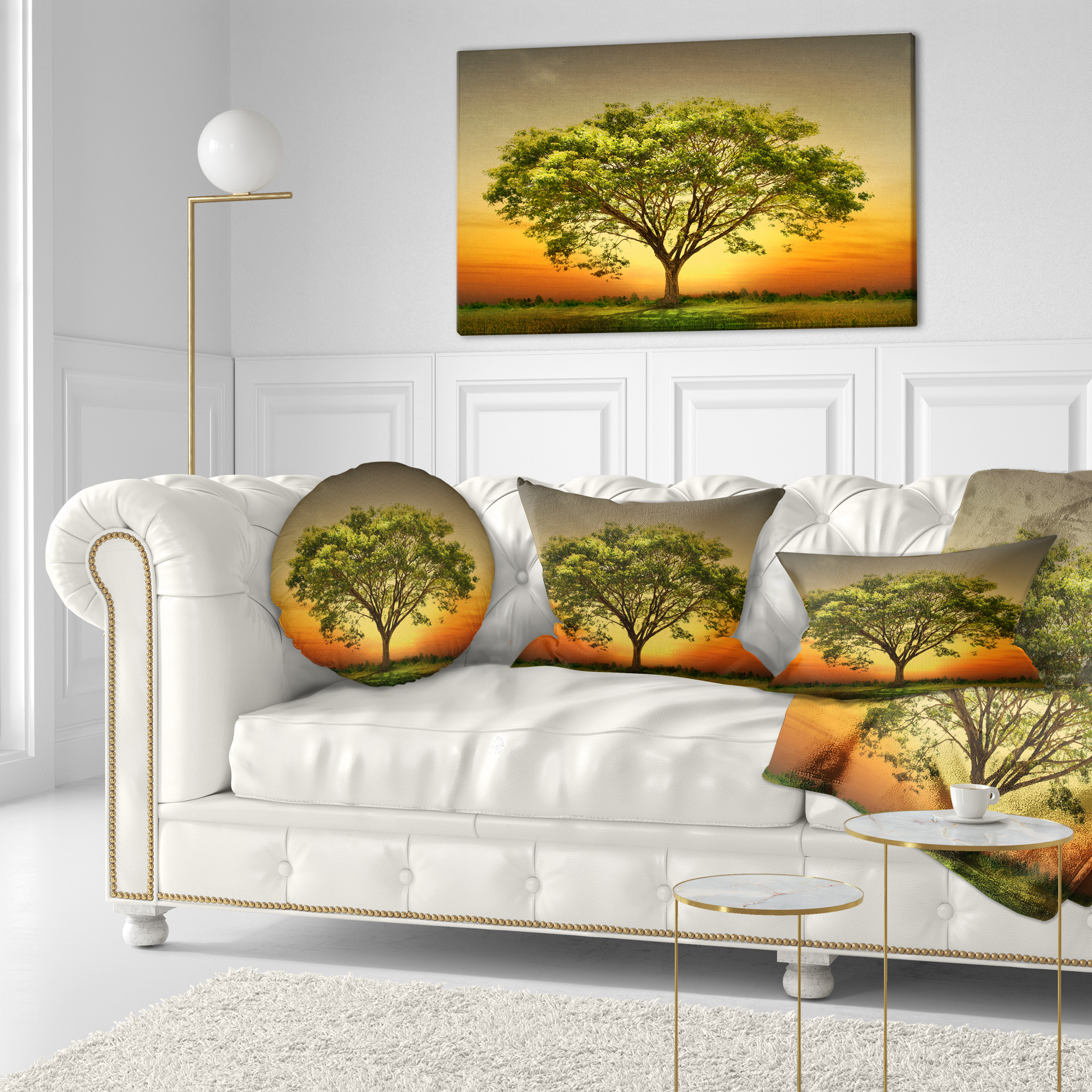 Designart Green Tree against Setting Sun - Trees Throw Pillow - 12x20