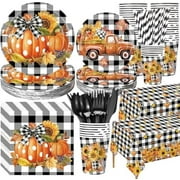 452 Pcs Fall Thanksgiving Party Decorations, Black White Buffalo Plaid and Orange Pumpkin Maple Leaves Paper Plates Napkins Cups Tablecloth Cutlery Straws for Autumn Harvest Party Supplies