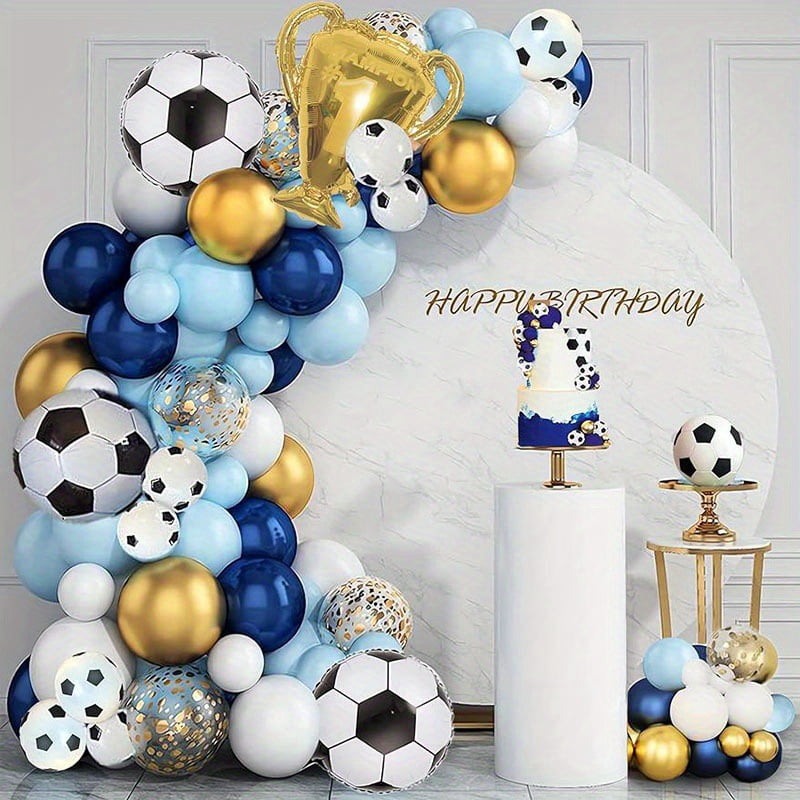Soccer Birthday Decorations Balloon Arch Kit, Blue Gold Football Theme Party Balloons with Trophy Balloon Soccer Ball Balloons for Boys Sports Birthday Party Supplies