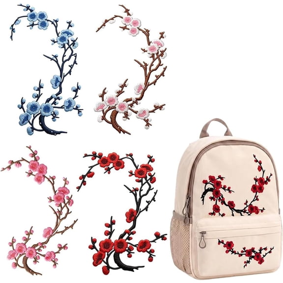 Lethargic Cherry Blossom Iron On Patches, 4-Piece 14.17 x 5.51 in Embroidered Floral Appliques for Clothing, Bags and DIY Crafts