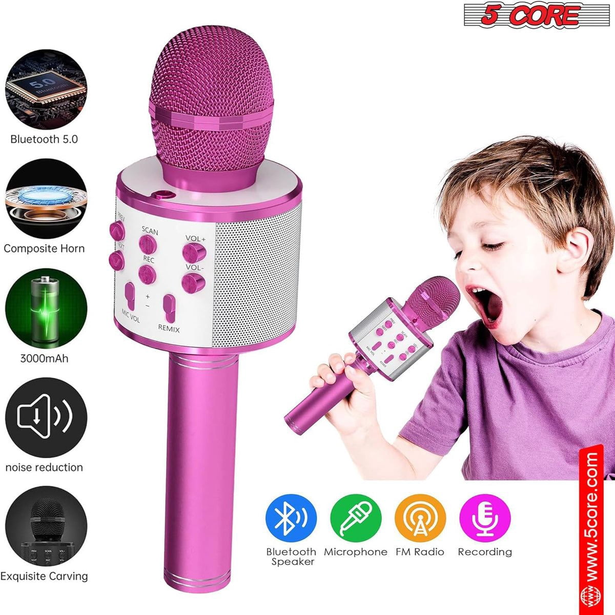 5CORE Bluetooth Wireless Karaoke Microphone, 2Pcs, Pink, Blue
