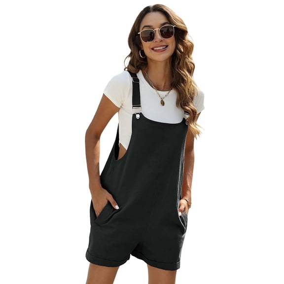 Czanzd Women's Cotton Linen Short Rompers with Adjustable Straps and Pockets,Black,S