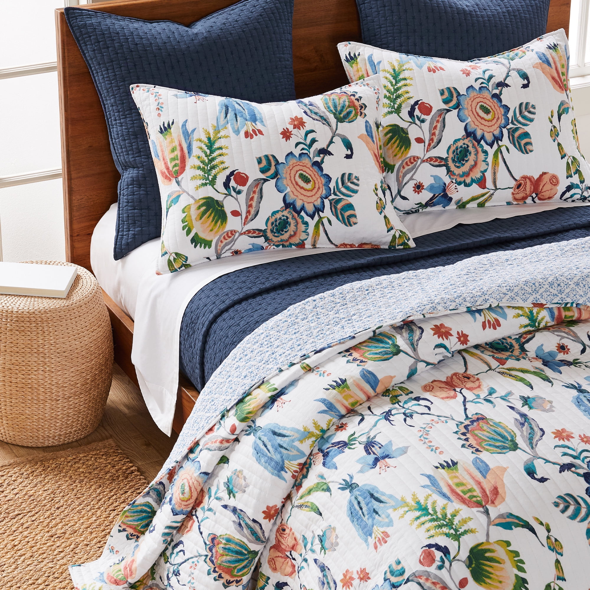 Levtex Home - Eleni Quilt Set - Full/Queen Quilt and Two Standard Shams - Floral - Blue, Navy, Coral, Green, White - Quilt (88x92in.) and Shams (20x26in.) - Reversible - Cotton