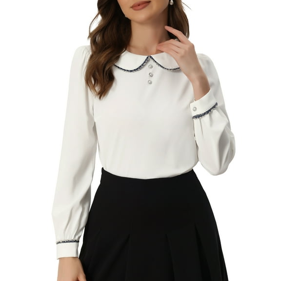 INSPIRE CHIC Women's Work Blouse Long Sleeve Peter Pan Tops XS White