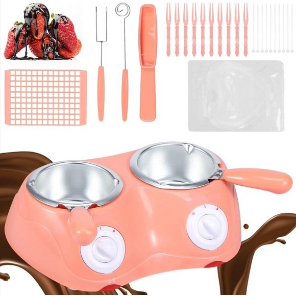Riforla Chocolate Melting Pot Melter with Double Melting Pot Chocolate Warmer Chocolate Fondue Candy Maker Fondue Melting Pot Set for Strawberries Cheese Candy Butter Bakeware Pink 27x19x8