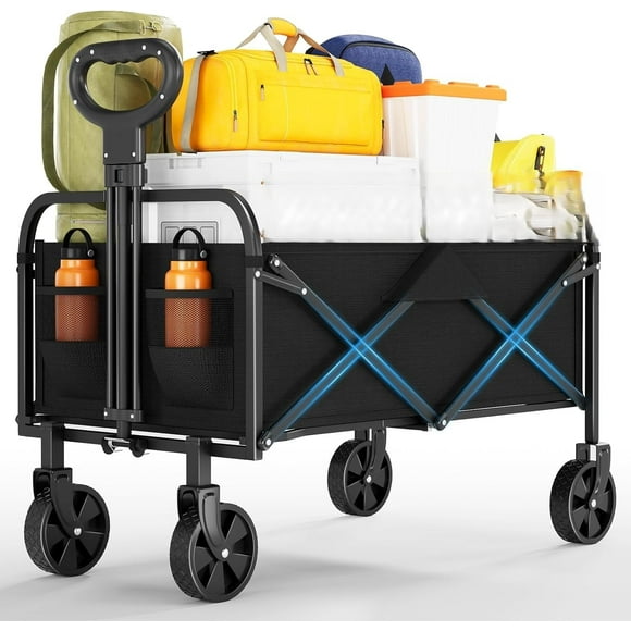BeesClover Heavy Duty Collapsible Wagon Cart, 380Lb Capacity Foldable Utility Wagon with 5" All-Terrain Wheels & Drink Holders for Grocery Shopping, Beach Camping & Sports Events
