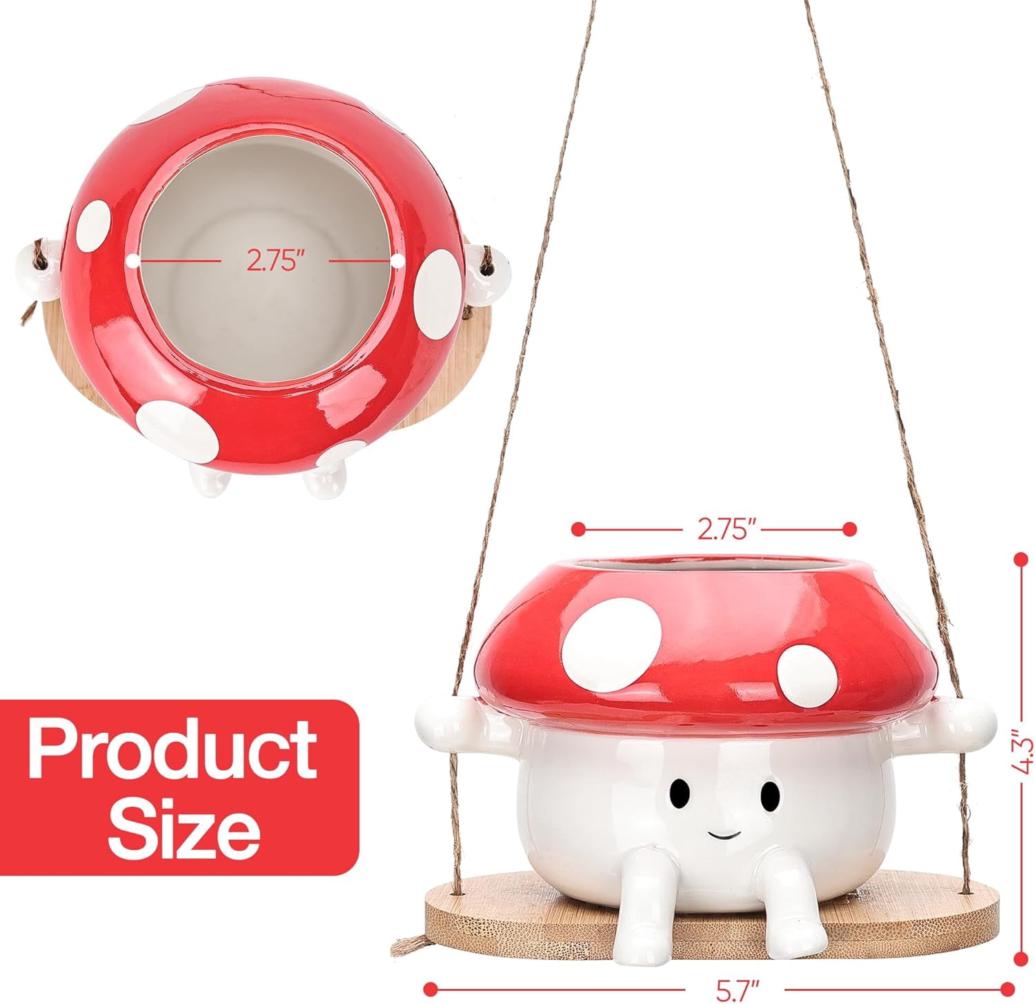 Mushroom Hanging Planter Pot, Cute Ceramic Swing Face Planter for Indoor & Outdoor, Unique Mushroom Planters for Succulents, String of Pearls Plant, Small Red & White