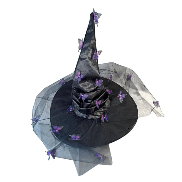 kjfeif Halloween Women Witch Hat Butterfly Mesh Witch Hat Large Ruched Witch Hats for Women Adult Party Halloween Party Cost-ume Accessory