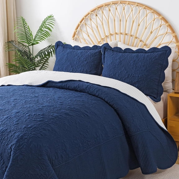 King Quilt - Oversized King Bedspreads 128x120, 4-Piece Cal King Quilt Sets,Rustic Bedding Sets King Size,Reversible Coverlets Lightweight Bed Cover for All Season Use-Navy