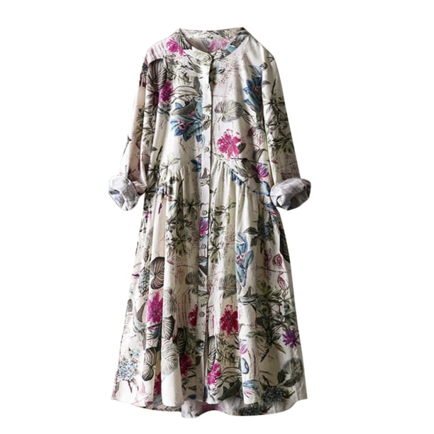 Vestido camisero suelto de lino y algodón de manga larga con estampado de hojas vintage para mujer Fridja yut108