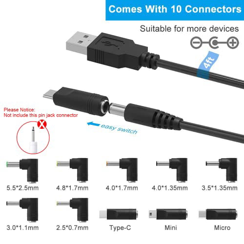 Gå ned Tilskyndelse krog IBERLS Universal 5V DC Power Cable, USB to DC 5.5x2.1mm Plug Charging Cord  with 10 Connector Tips(5.5x2.5, 4.8x1.7, 4.0x1.7, 4.0x1.35, 3.5x1.35,  3.0x1.1, 2.5x0.7, Micro USB, Type-C, Mini USB) - Walmart.com