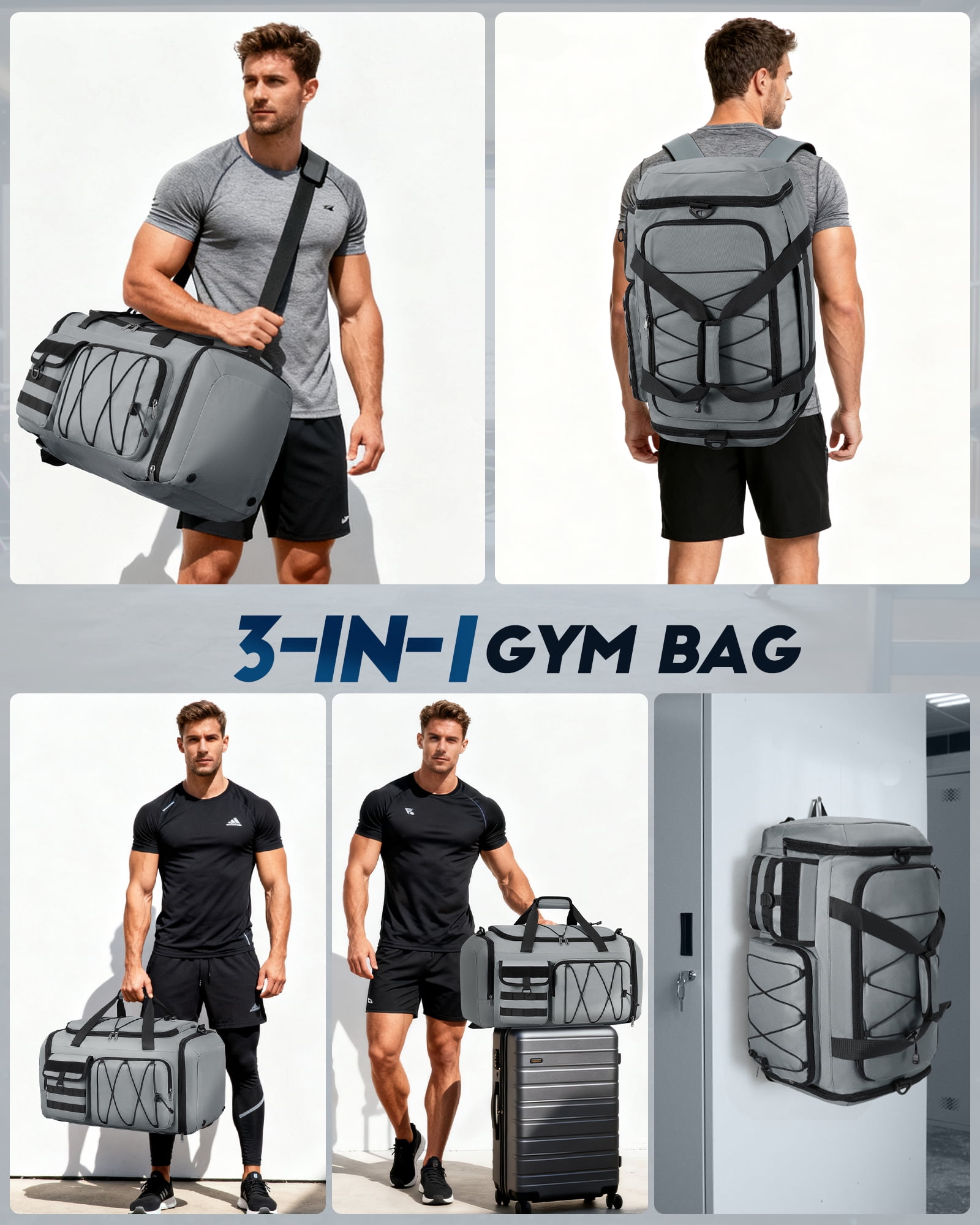 Gym Bag for Men 45L Sports Duffel Bags 3-in-1 Travel Duffel Bag with Shoe Compartment,Gym Workout Backpack Weekender Bag Overnight Bag for Travel, Grey