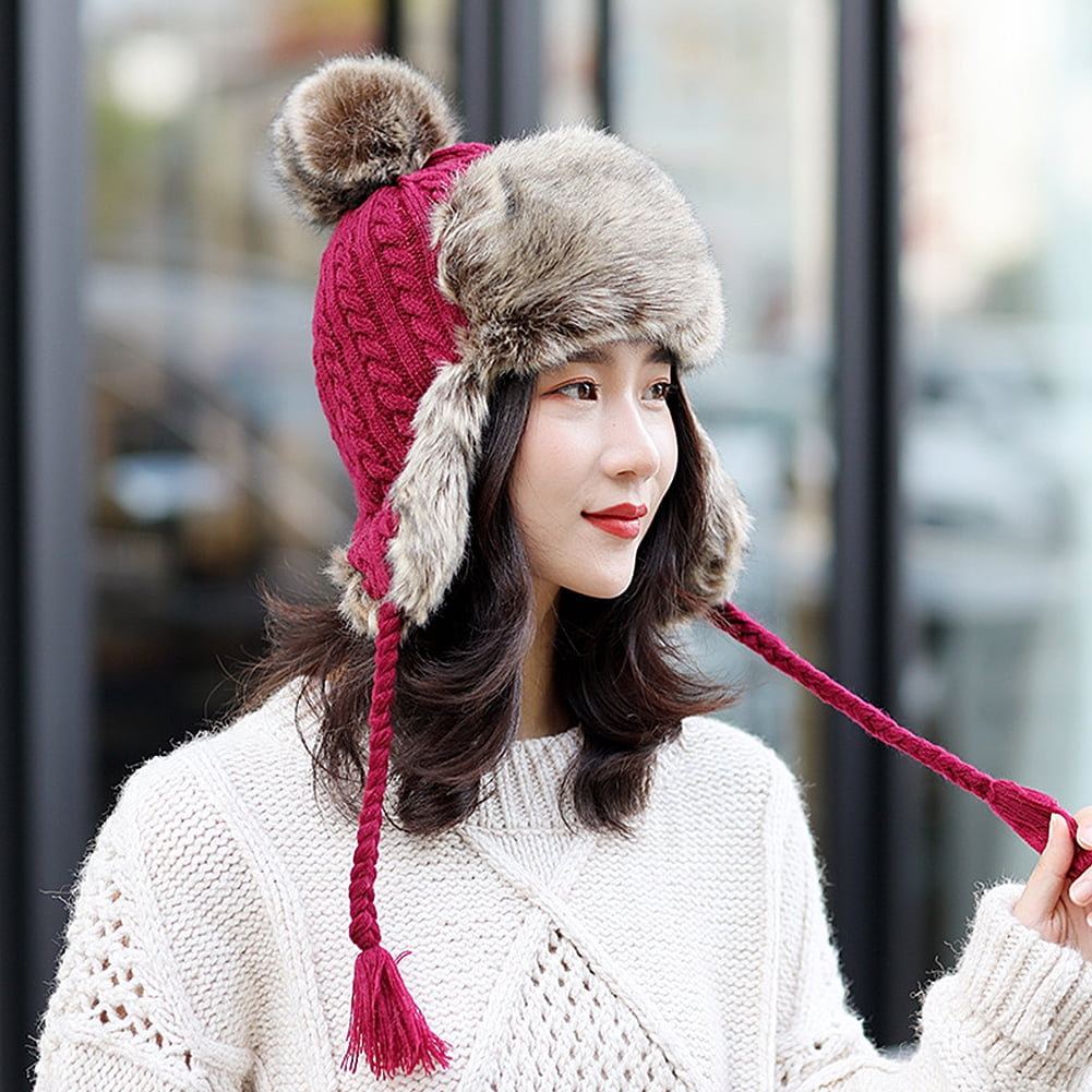 Women Trapper Hats Winter Warm Faux Fox 