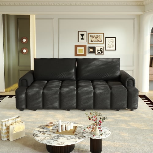 90.2" 4-Seater Modern Teddy Fabric Couch, King Size 3-in-1 Convertible Sleeper Sofa Bed with Hidden Storage, Black White Comfy Couch for Living Room Office Apartment