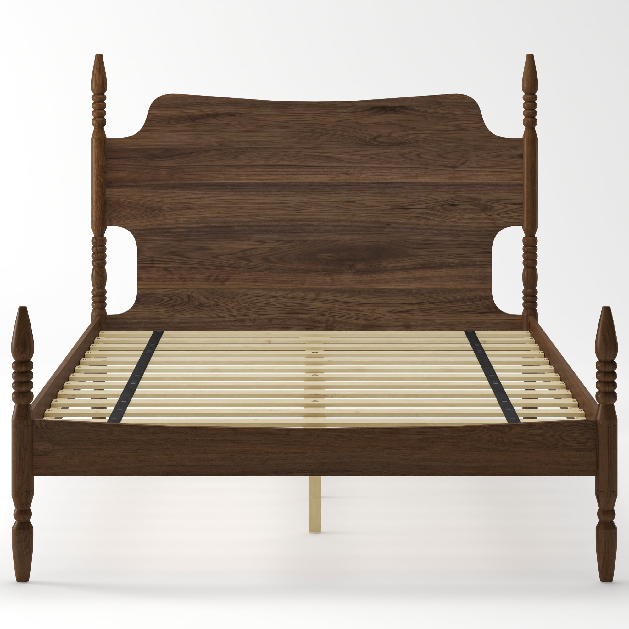 Leumius Queen Size Platform Bed Frame, Spindle Bed with Curved Tall Headboard, No Box Spring Needed, Retro Four Poster Bed for Teens Adults Walnut