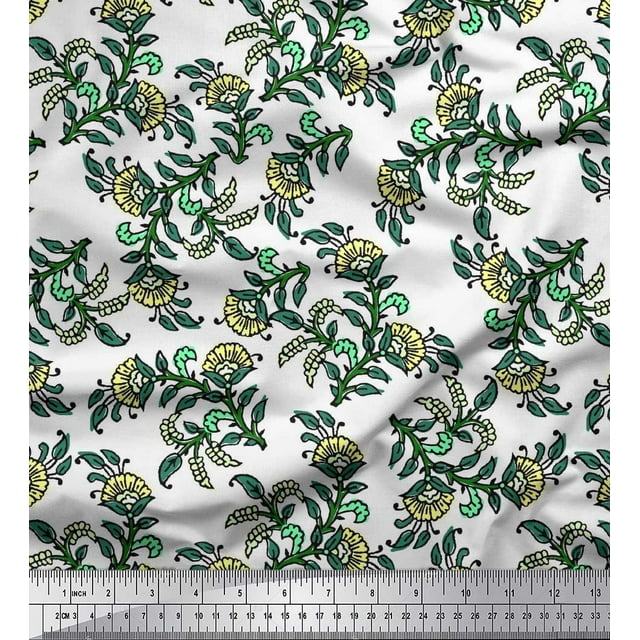 Soimoi Poly Georgette Fabric Leaves & Floral Block Printed Fabric 1 Yard 52 Inch Wide
