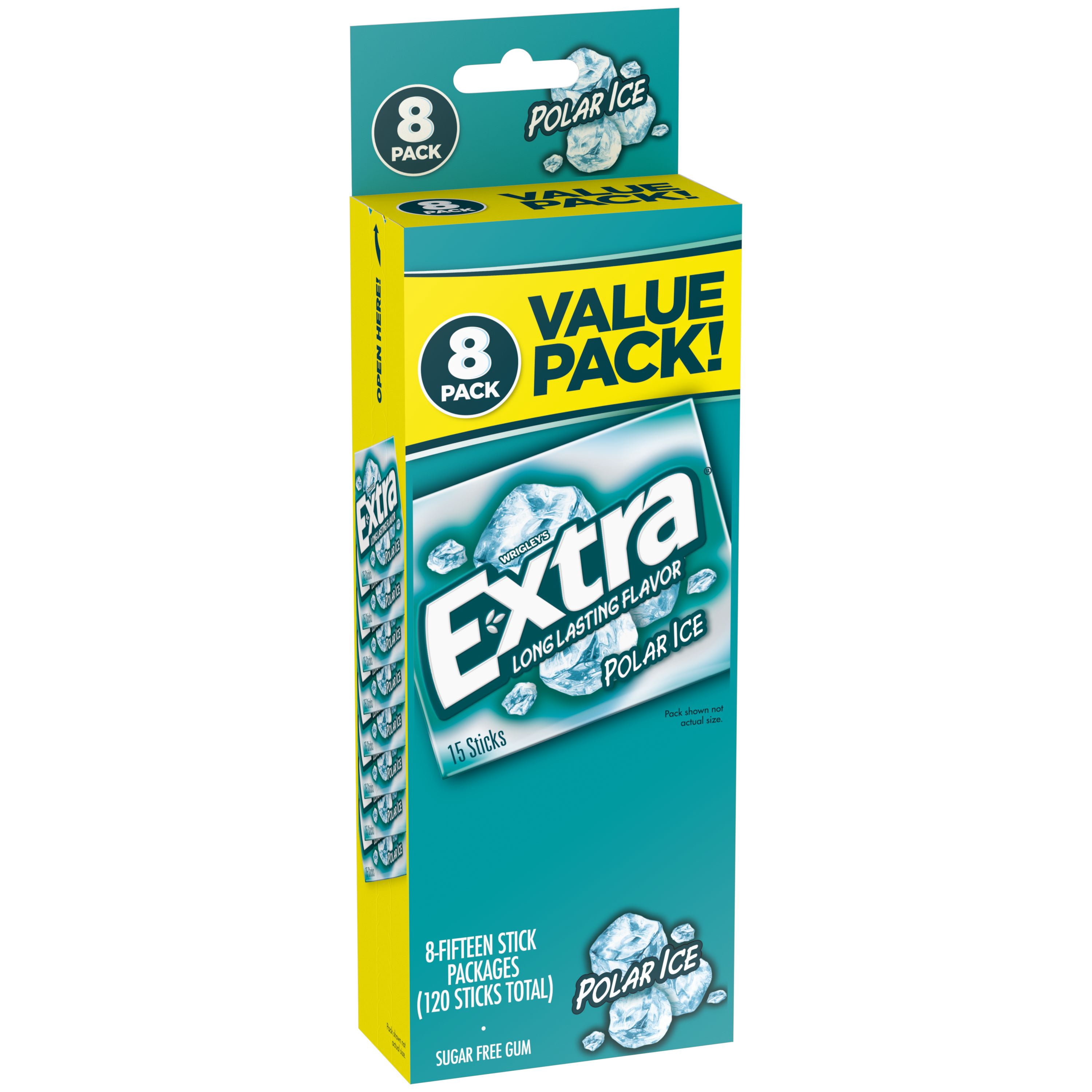 (3 pack) EXTRA Polar Ice Sugar Free Chewing Gum, Icy Mint Flavor, 15 Sticks per Pack, 8 Pack Bulk Assortment