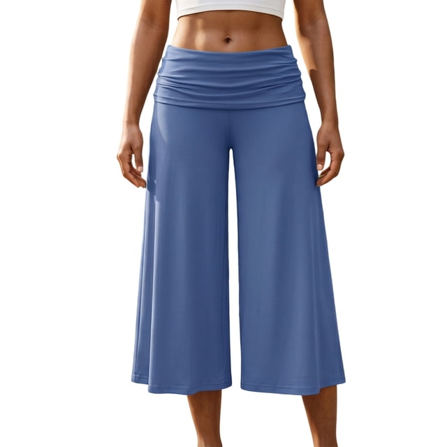 Argulvti Women's Capri Pants Fold Over Waistband Low Rise Solid Color Wide Leg Cropped Lounge Trousers