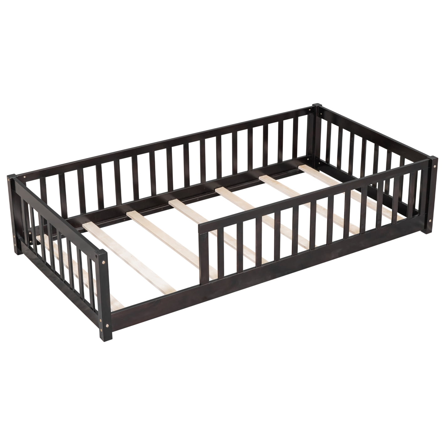 Twin Size Floor Bed for Toddlers and Kids, Solid Wood Montessori Floor Bed with Safety Fence Rail without Door, Durable Montessori Bed Frame with Sturdy Slats Support for Boys and Girls, Espresso