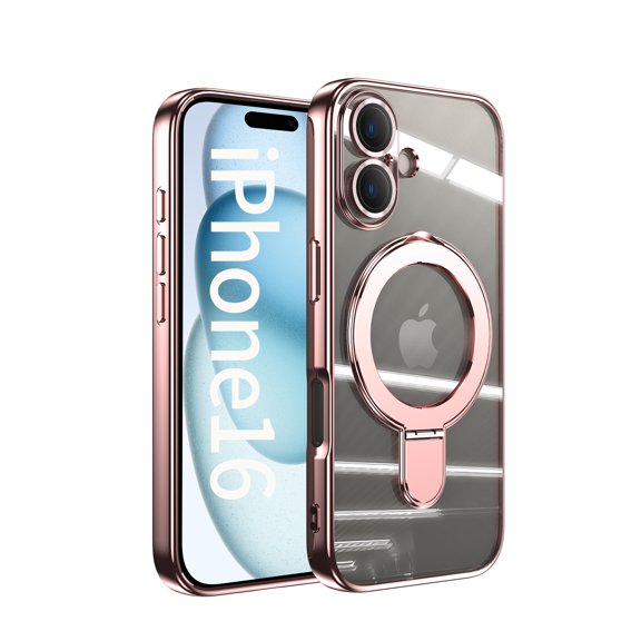 Allytechgroup Case for Apple iPhone 16 [Compatible with MagSafe],360° Rotatable Invisible Magnetic Ring Stand [Camera Lens Protector] Military-Grade Plating Clear Shockproof Shell Phone Cover,Rosegold