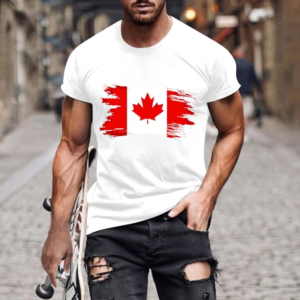 Tops para hombre, blusas y camisas de cuello redondo y manga corta para hombre. Camiseta de cuello redondo y manga corta con estampado de bandera canadiense para hombre. Blusa de algodón y poliéster p