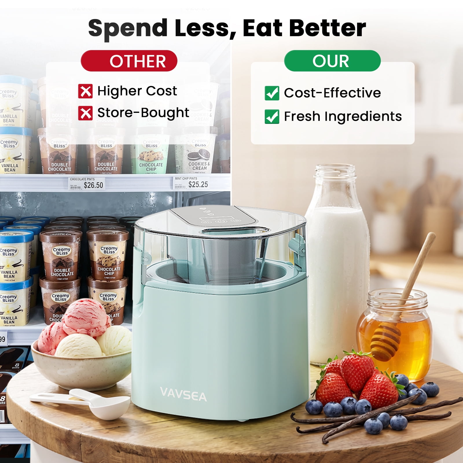 VAVSEA 1.6 Qt Ice Cream Maker, Easy Make Ice Cream Machine, Make Homemade Ice Cream, Gelato, Sorbet, Frozen Yogurt, Automatic No Salt/Ice Needed, Digital Controls, Healthy Recipe Guide