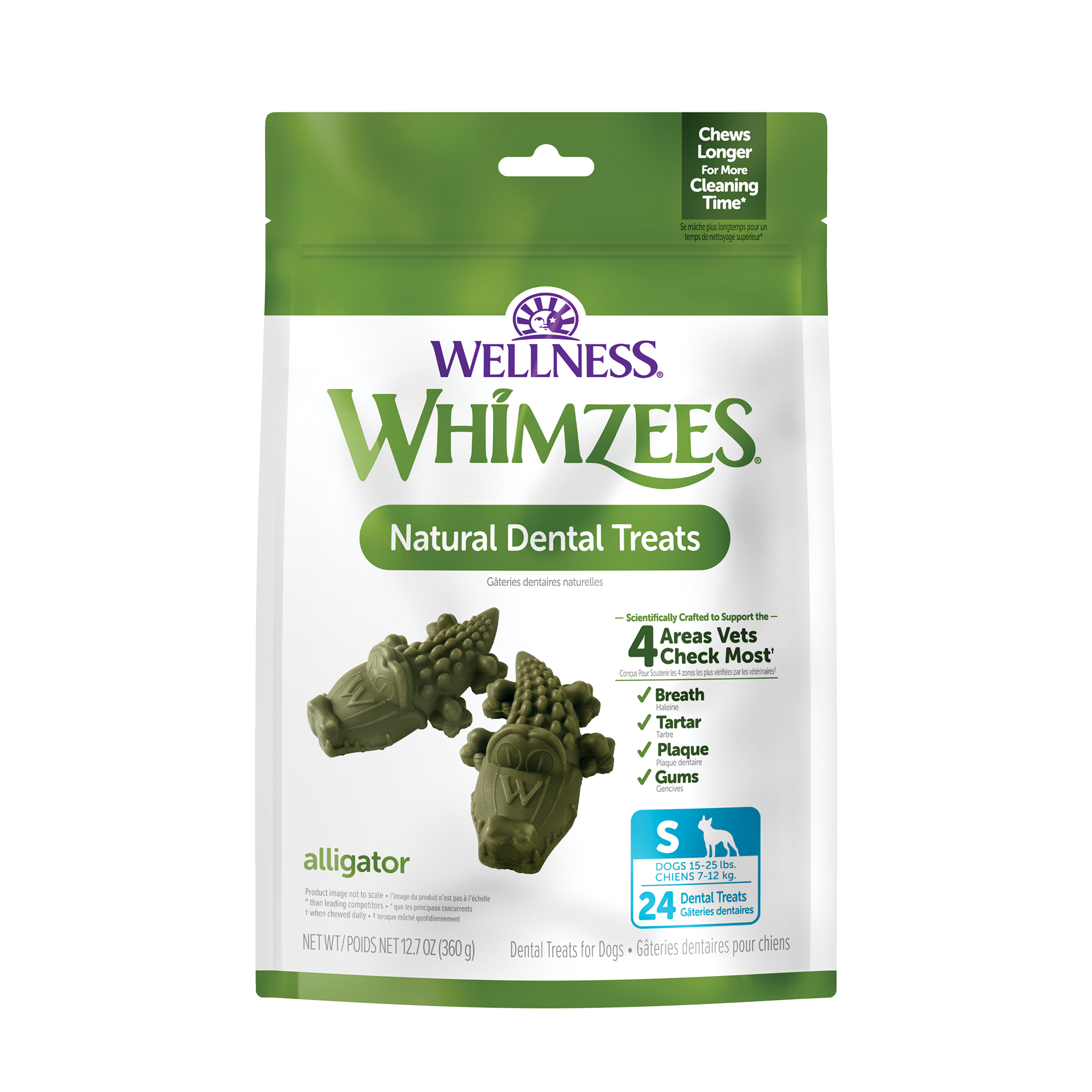Wellness WHIMZEES Alligator Natural Dog Dental Treat, Chews, Freshens Breath, Small Size, 12.7 oz Bag, 24 Count