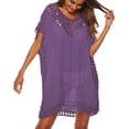 thumbnail image 2 of HOWPAY Swimsuit Coverup for Women Hollow Out Swimsuit Coverup Short Sleeve Casual Swimwear Summer Crochet Beach Dress Vacation Outfits Purple One Size, 2 of 4