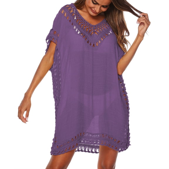 JIAYUE Womens Swimsuit Cover-Ups V Neck Above Knee Lace Hollow Solid Color Batwing Short Sleeve Summer Casual Chiffon Bathing Suit Cover Up Dresses