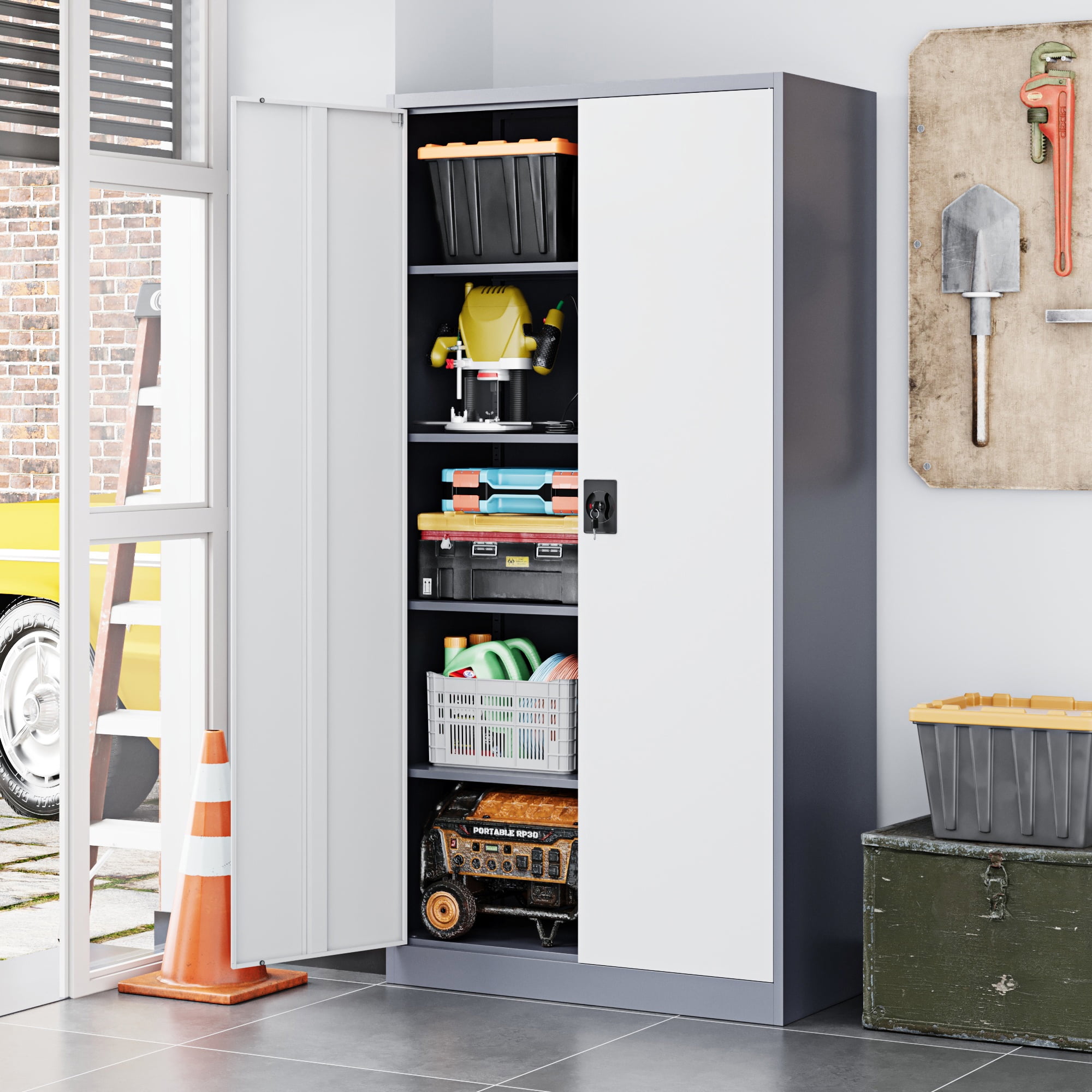 Fesbos Steel Storage Cabinet,Locking Storage Cabinet with 2 Doors and 4 Adjustbale Shelves,71" H Metal Tool Cabinet for Garage, Basement, Home Office