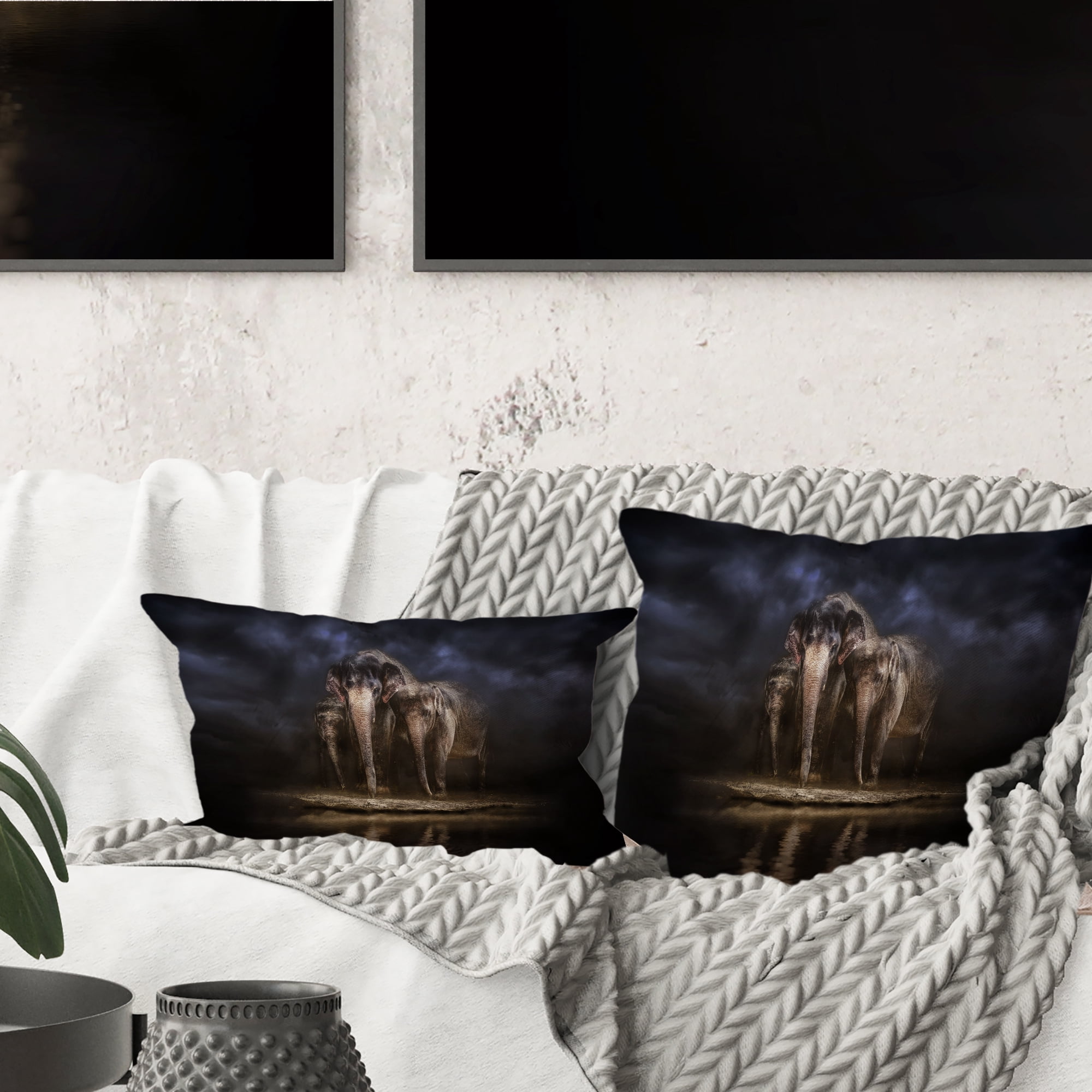 Designart Elephants Watering in the River - Animal Throw Pillow - 12x20