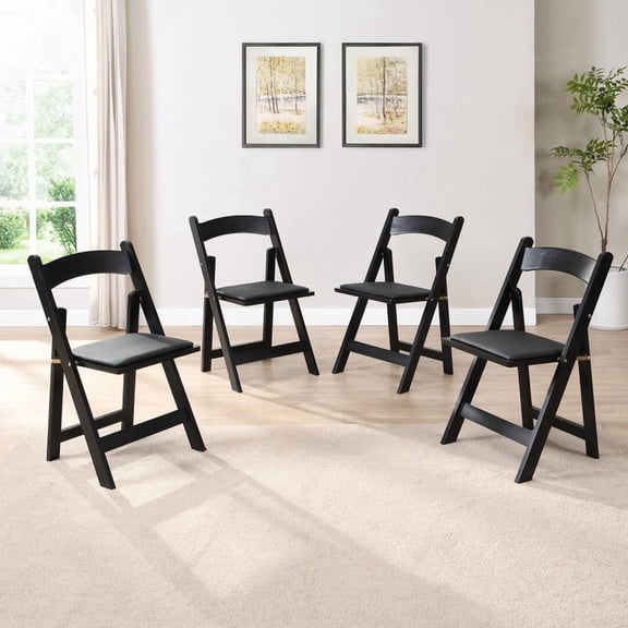 FFZ Set of 4 Solid Wood Folding Chairs with PU Leather Cushion , Black