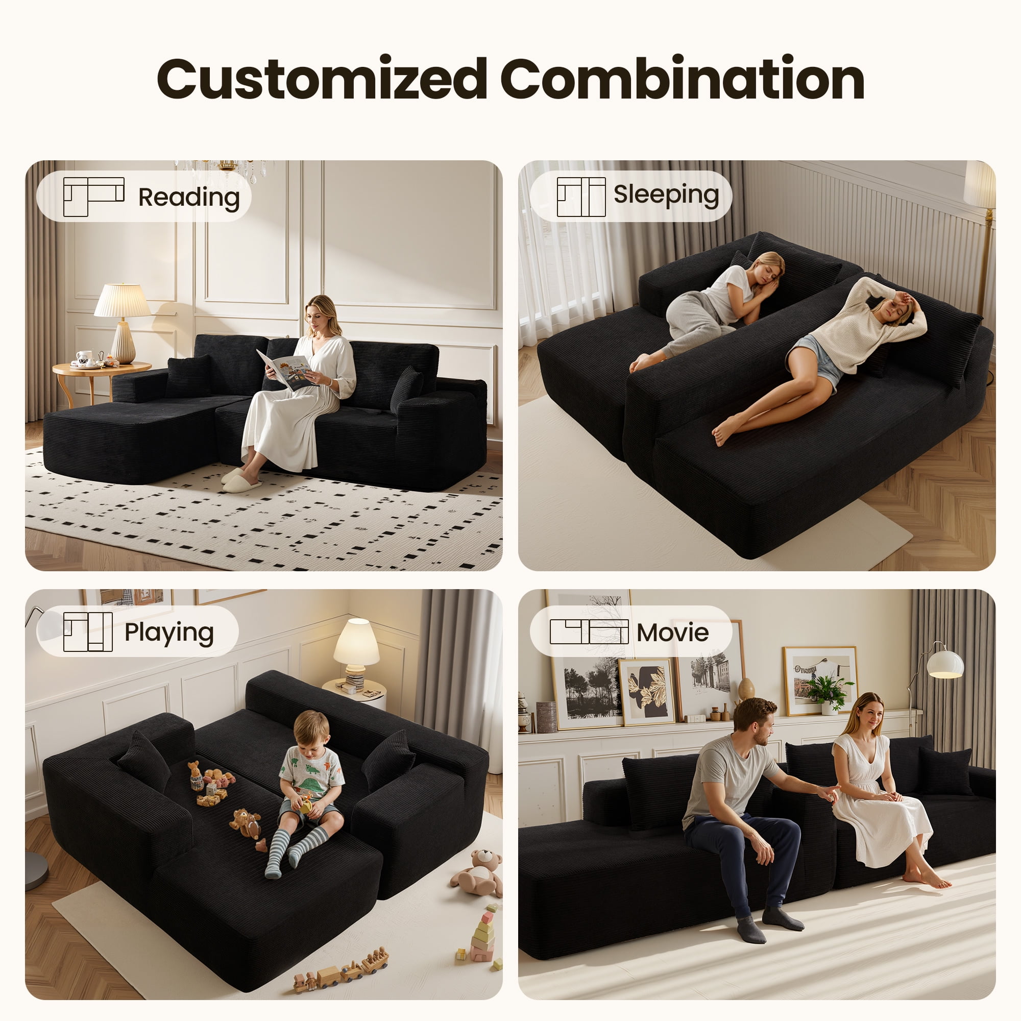 Vcatnet 106" Modular Sectional Sofa Couch Corduroy Cloud Couch L Shaped Modern Minimalist Couch with Chaise for Living Room, Black
