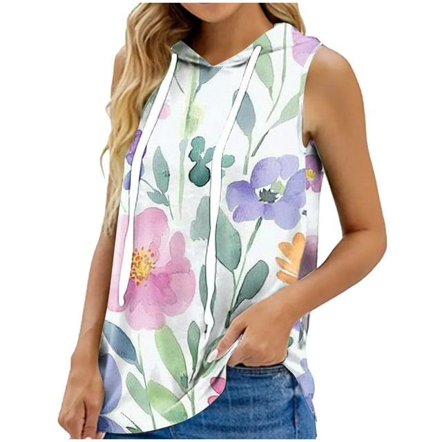 Tops de Ajuste Suelto para las Mujeres con Capucha Impresa Floral sin Mangas, Ligero Poliéster Casual Y Uso Diario