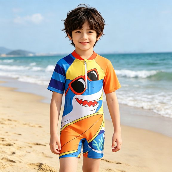 Boys Swimsuit Kids One Piece Swimsuit Cartoon Shark Print Long Sleeve Comfortable Korean Style Cute Boys Swim Set Size 5-6Y