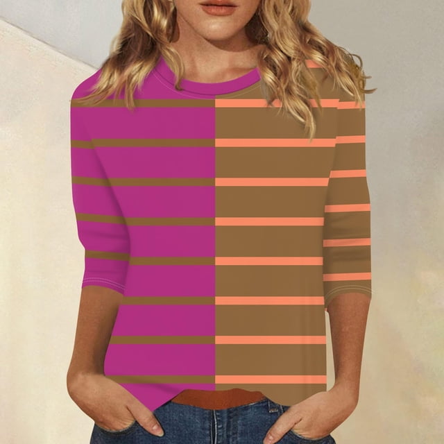 RXIRUCGD T-shirt à Rayures pour Femme à Col Rond et Manches 3/4, Rose Vif, Taille : 3TG