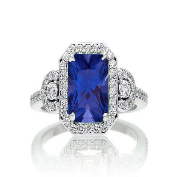 1.5 Carat Emerald Cut Three Stone Sapphire Halo Diamond Ring on 10k White Gold