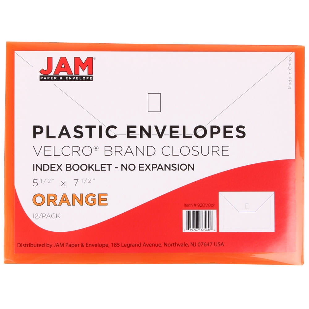 JAM Paper Plastic Envelopes with Hook & Loop Closure, Index, 5 1/2 x 7 1/2, Orange, 3/Pack