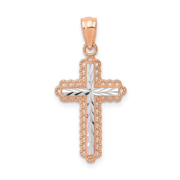 14K Rose Gold Diamond-Cut Cross Pendant with White Rhodium Accents