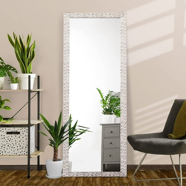 Champagne Silver Full Length Mirror, 64" x 21" Floor Mirror with Stand