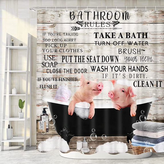Cute Kids Shower Curtain, Rustic Country Funny Farmhouse Animals Pig Bathroom Rules Shower Curtains for Bathroom Decor, Motivational Educational Waterproof Bathtub Decor Accessories with Hooks,36X72in