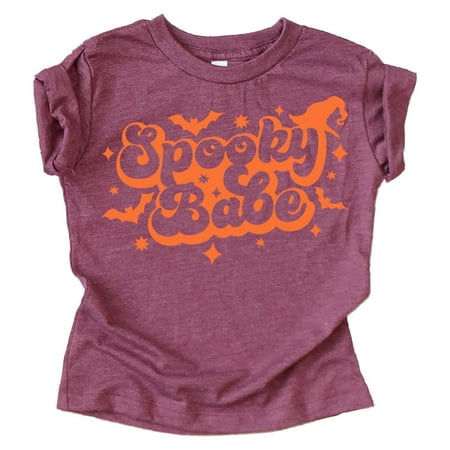 

Spooky Babe Retro Spiderweb Shirt for Baby and Toddler Youth Girls Halloween and Fall Shirt Orange on Vintage Burgundy Shirt 4T