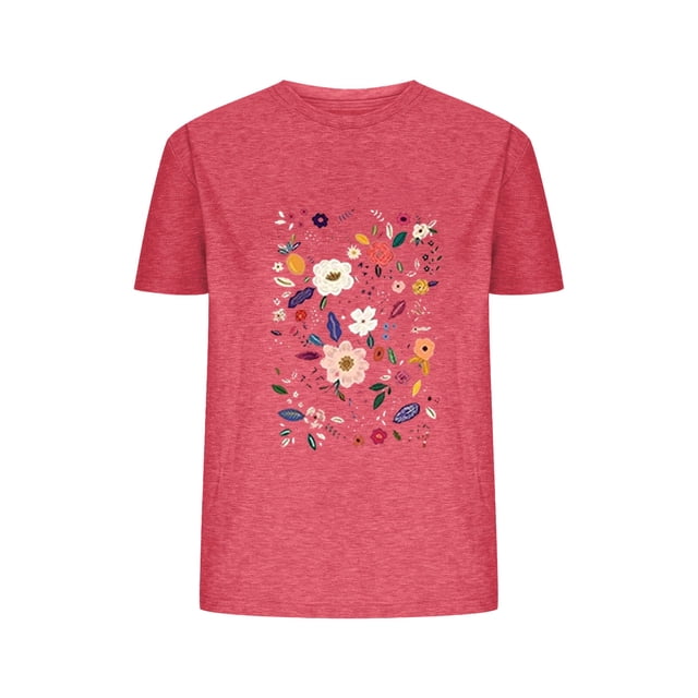 Camisetas de Verano de Mujer Pequeña Flor Impresa Cuello Redondo Manga Corta Superior, Verano Superior de las Mujeres
