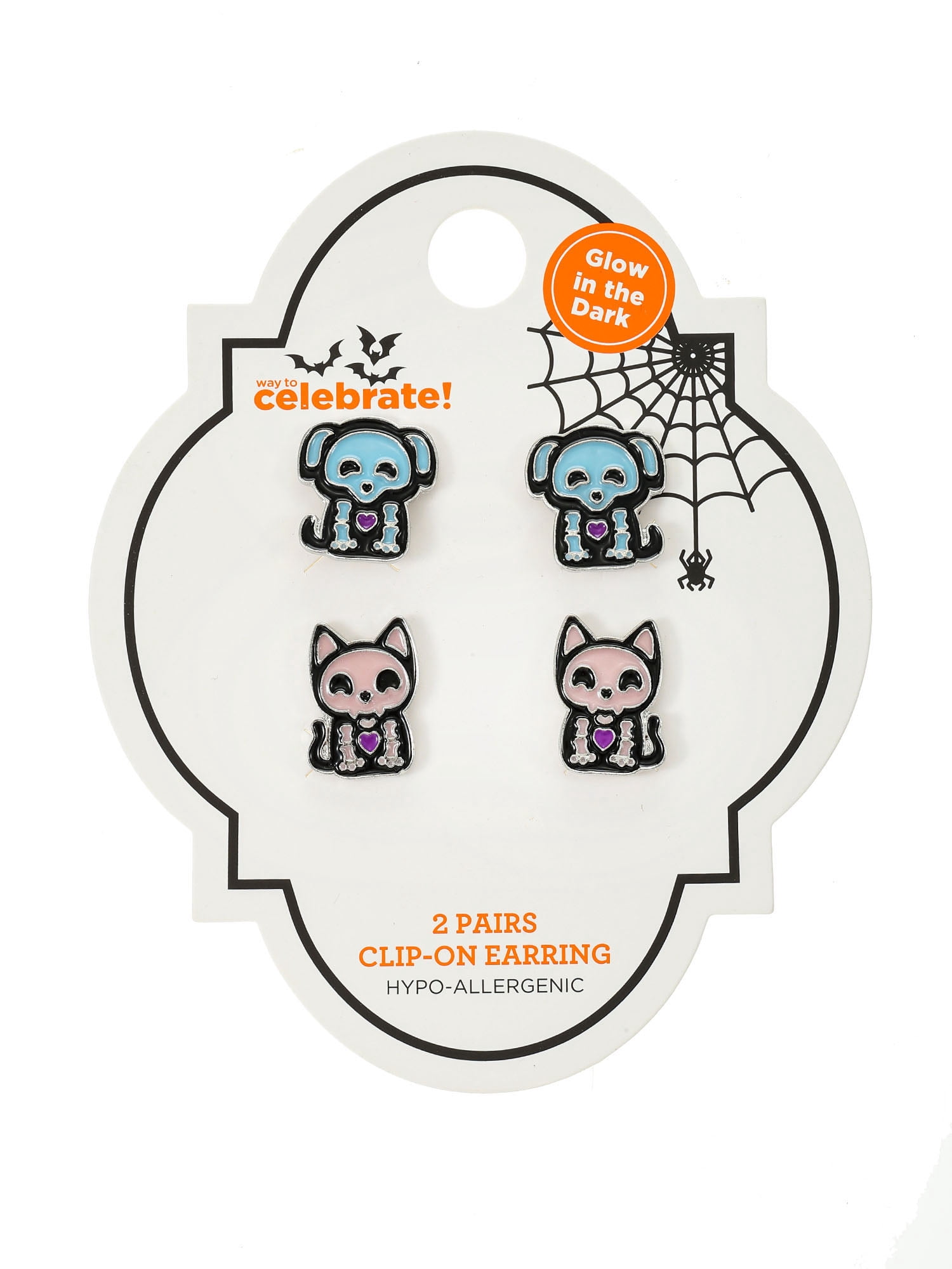 Way to Celebrate Skeleton Pet Halloween Clip-On Stud Earrings, 2 Pairs