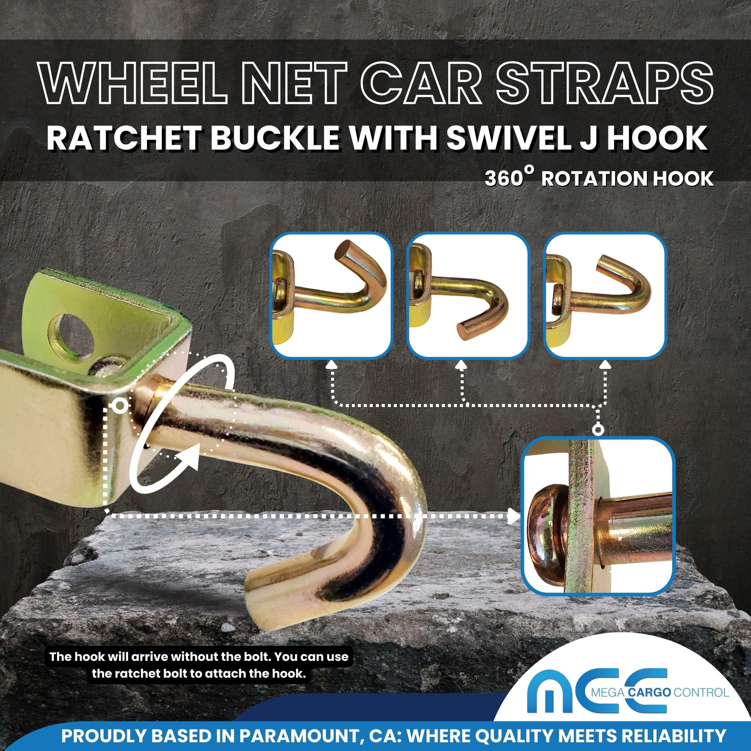 Mega Cargo Control Side Mount Wheel Net Straps with Swivel J Hook Ratchet Buckles, 2" x 10' D-Ring Lasso Strap, 4 Pack, Blue