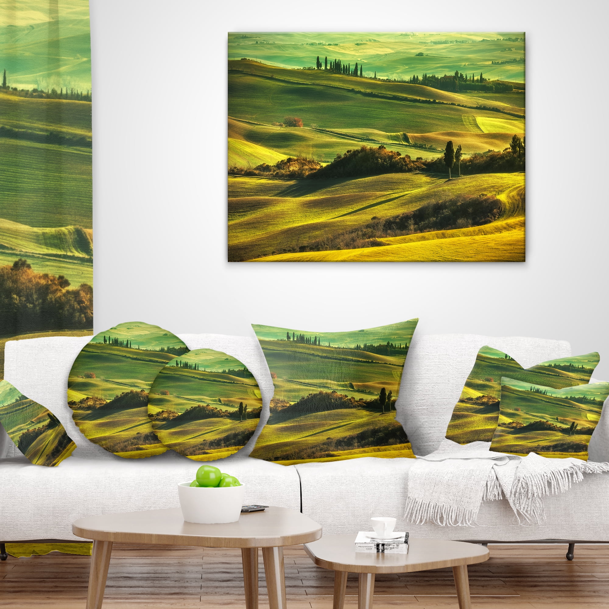 Designart Green Rolling Hills on Misty Sunset - Landscape Wall Throw Pillow - 18x18