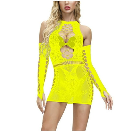 AnuirheiH Sexy Women Lingerie Sets Butterfly Lingerie Fishnet Seamless Mesh Netting Chemise Hollow Out Babydoll Dress Sleepwear Nightwear Nightdress On Sale