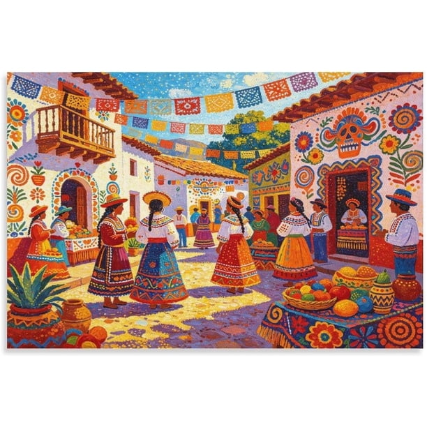 Impresión calle colonial con ornamentación Día de Muertos, personajes tradicionales y puestos de mercado, decoración cultural mexicana festiva para hogar y local comercial