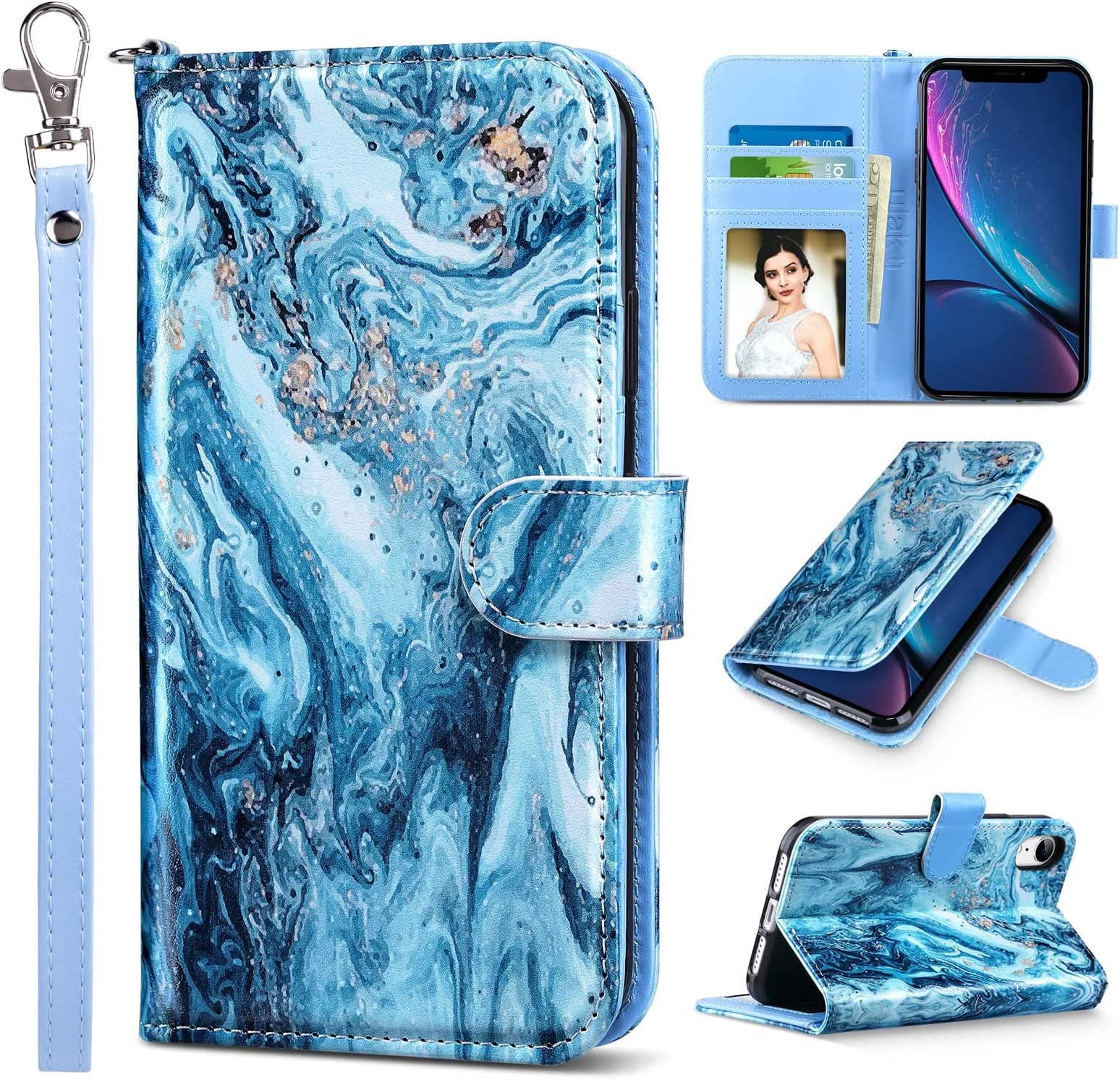 Ulak Iphone Xr Wallet Case With Card Holder Kickstand Folio Flip Phone Cases For Apple Iphone Xr For Women Girls Navy Blue Marble Walmart Com