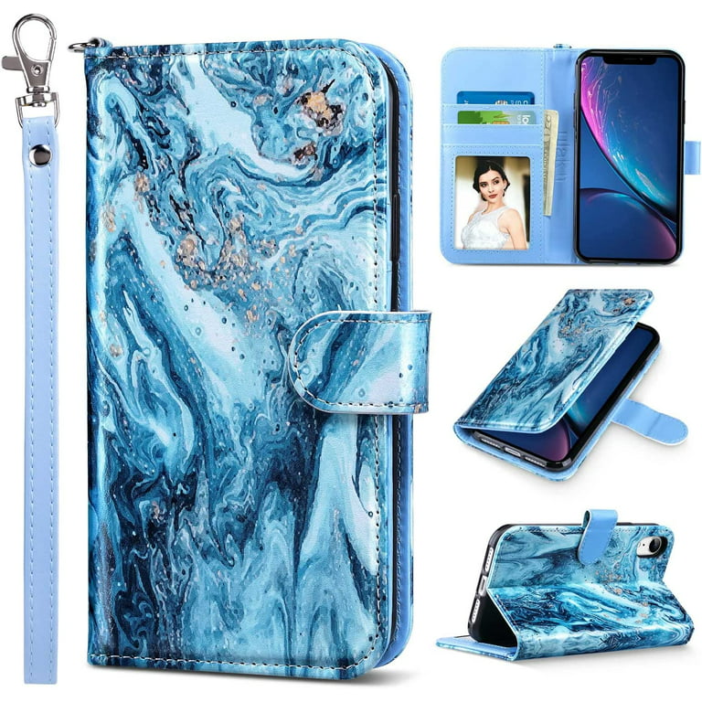 ULAK iPhone XR Wallet Case with Card Holder, Kickstand Folio Flip Phone  Cases for Apple iPhone XR for Women Girls, Navy Blue Marble
